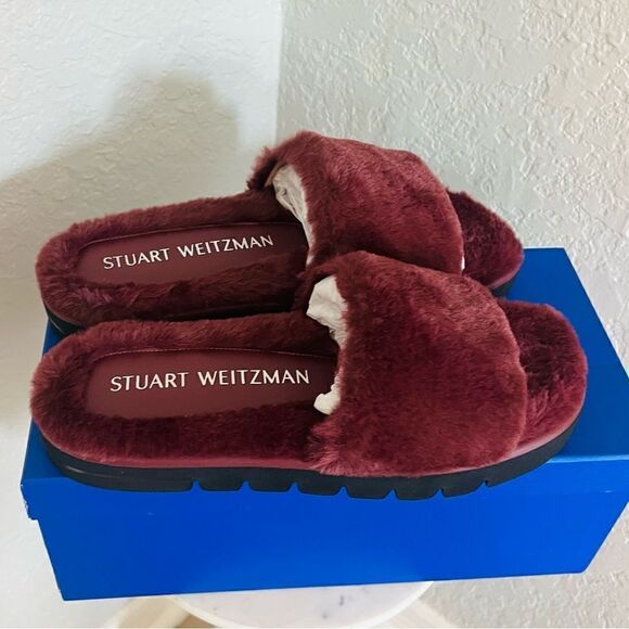 STUART WEITZMAN‎ Elodie Chill Faux Fur Slide Slipper Sandal Size 9 Cranberry NWT - Picture 1 of 17